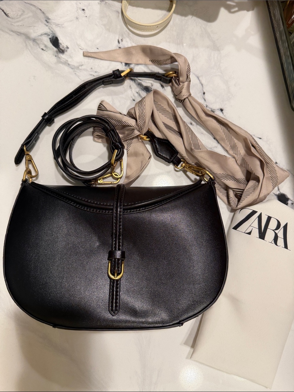Zara Black Crescent Crossbody Bag with Beige Scarf